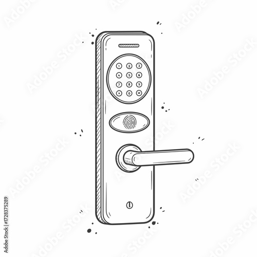 Illustration of a smart door lock with keypad, fingerprint scanner, and handle, isolated on white.