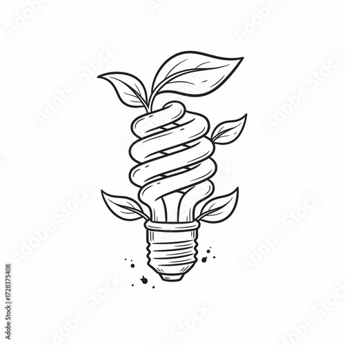 A stylized illustration of a spiral light bulb with leaves sprouting, representing energy conservation and growth.