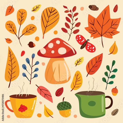 Autumn Forest Scene with Mushrooms Colorful Leaves and Gardening Pots