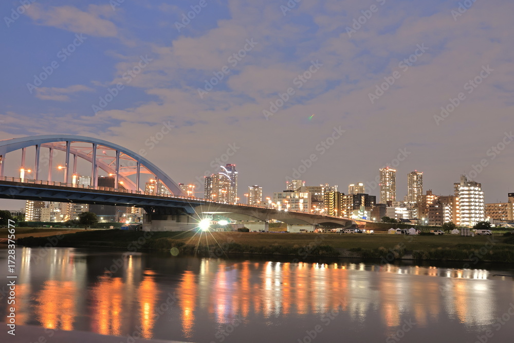 Fototapeta premium 多摩川と武蔵小杉のタワーマンション 夜景