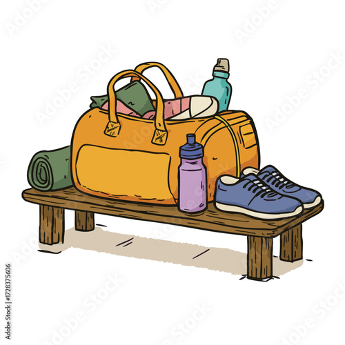 Handdrawn Detailed Sport Duffle Bag and Accessories Illustration