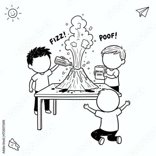 Three children conduct a science experiment, causing a volcano to erupt with fizz.