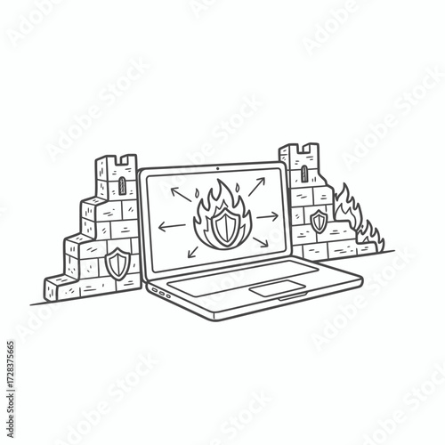A laptop protected by a firewall, symbolized by castle walls, with flames.