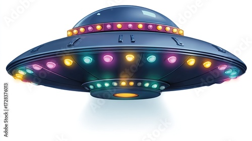 A colorful, illuminated flying saucer, with a light beam, seemingly mid-flight, hovering in space