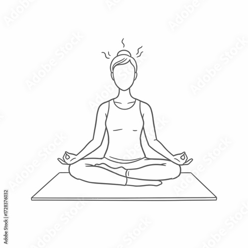 Woman meditating in lotus position on a mat, line art illustration.