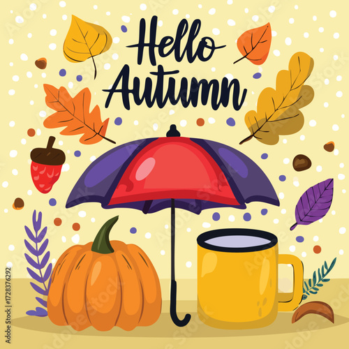 Hello Autumn Seasonal Illustration with Pumpkin Leaves and Cozy Drink