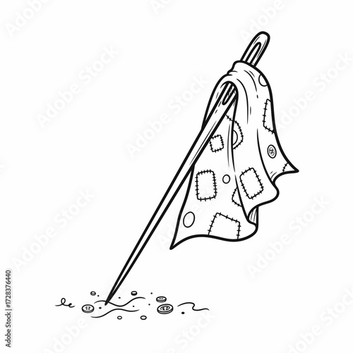 Illustration of a large needle piercing fabric with scattered buttons and threads on the surface.