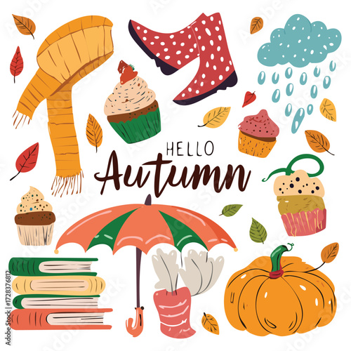 Hello Autumn Autumnal Fall Scene with Cupcakes Umbrella and Pumpkin for Seasonal Celebration