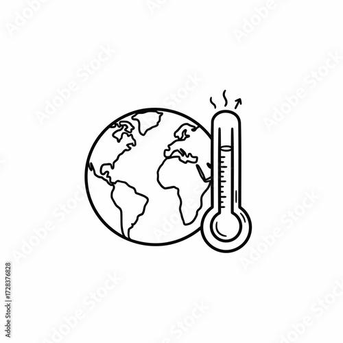 A simple black and white illustration depicting Earth next to a rising thermometer, indicating global warming.