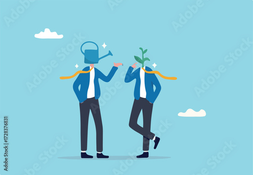 Mentor to help career growth, coaching or education for growth mindset, growing seedling plant, help or assistance, business support concept, businessman watering can head help grow seedling one.