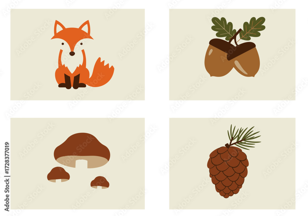 Fototapeta premium Four nature-themed illustrations: a fox, acorns, mushrooms, and a pinecone, presented on a beige background.