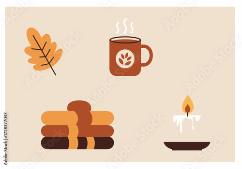 Cozy autumn illustration featuring a leaf, steaming mug, folded blanket, and lit candle on a beige background.