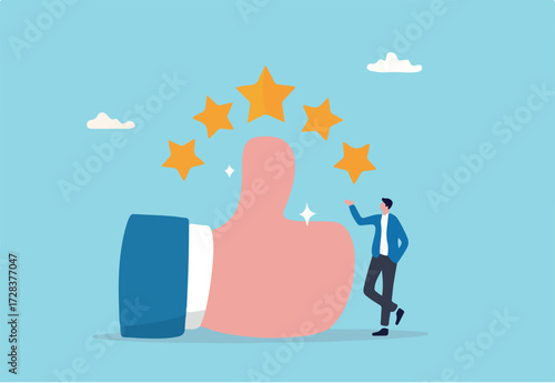 Best star rating, high quality product or good quality service, excellence customer feedback, user experience or five stars ranking concept, young business owner with big thumb up and 5 stars rating.
