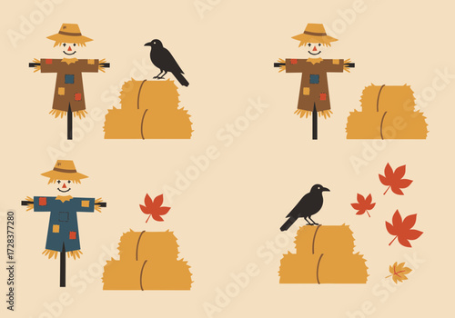 A collection of autumn-themed illustrations featuring scarecrows, hay bales, crows, and falling maple leaves on a light background.