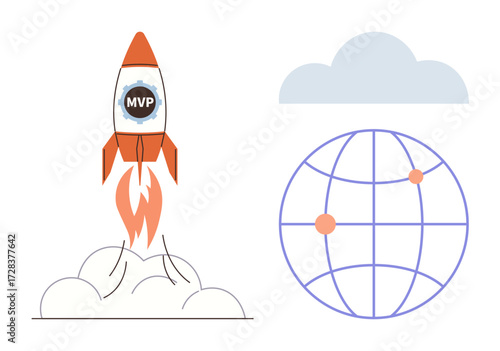 Rocket labeled MVP launching with flames, symbolizing progress. Nearby, a global network connects points under a cloud. Ideal for innovation, growth, technology, startups, connectivity global reach