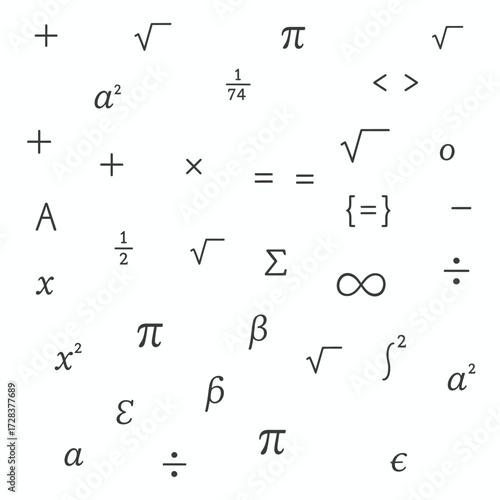Assorted mathematical symbols and notations scattered on a white background.