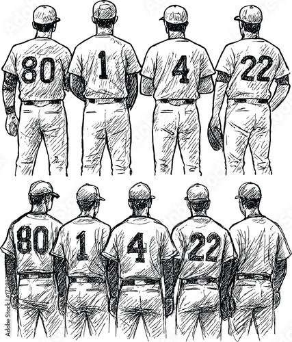 Baseball team silhouette figures showcase uniform numbers for sports and athletic design 