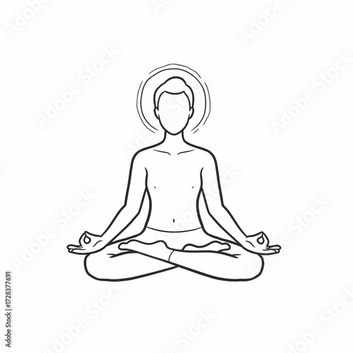 Line drawing of a person meditating in the lotus position with a halo above their head.