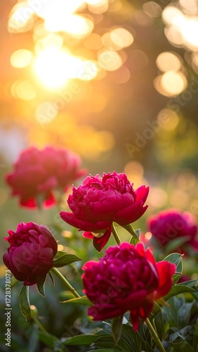 Fototapeta Naklejka Na Ścianę i Meble -  Vibrant peonies in golden sunlight