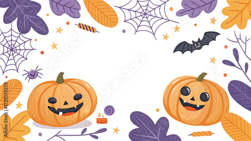 Cute Halloween Frame with Pumpkins Leaves and Spiders on transparent background