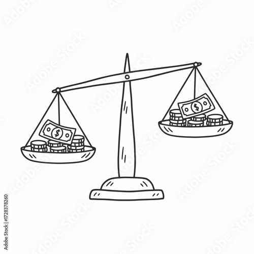 Hand-drawn illustration of balance scales with money (coins and bills) on each side, showing unequal weight.