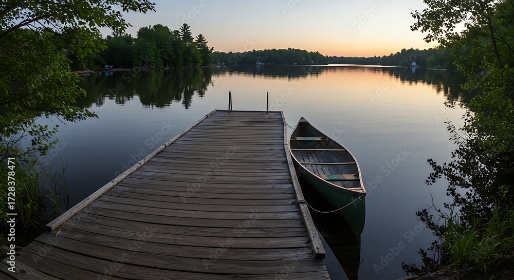 Obraz premium Serene Wooden Dock with Canoe on Calm Lake at Sunset
