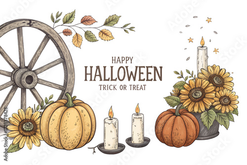 Vintage Halloween Still Life with Pumpkins Sunflowers and Candles on transparent background