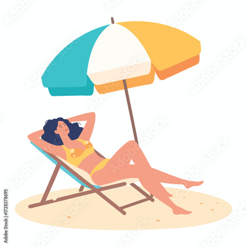 Woman relaxing on a deck chair under a colorful beach umbrella, enjoying the sun and the beach.