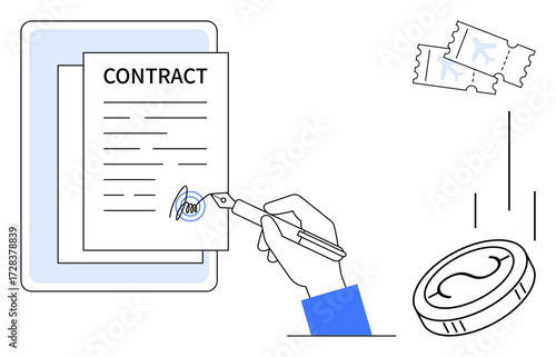 Hand signing a contract with a pen, accompanied by flying tickets and a coin. Ideal for business, legal terms, agreement, financial planning, service purchase, investment, simple flat metaphor