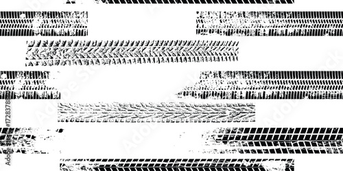 Tire track seamless pattern. Grange tread marks .Grunge textured vector car tread . Car trails endless pattern texture. Tyre track seamless texture. Wheel tire tread track background