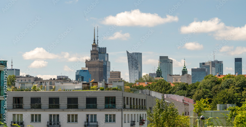 Obraz premium Warsaw skyline with Palace of Culture and modern skyscrapersPanorama of Warsaw city center, Poland