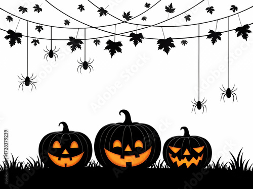 Halloween Pumpkins Spiders and String Lights on Transparent Background