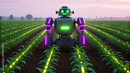 Futuristic robot tending to crops in a glowing agricultural field at sunset