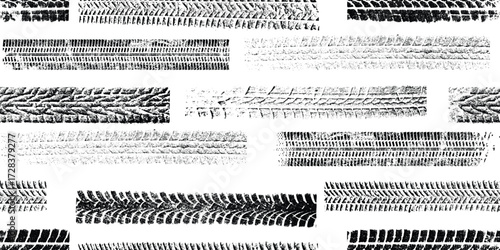 Tire track seamless pattern. Grange tread marks .Grunge textured vector car tread . Car trails endless pattern texture. Tyre track seamless texture. Wheel tire tread track background
