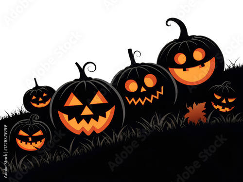 Halloween Pumpkin Carvings with Glowing Faces on Transparent Background