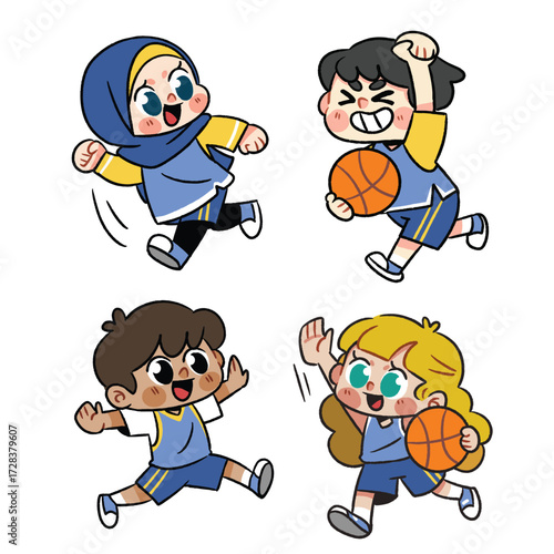 Cute kids playing basketball in school uniform doodle illustration