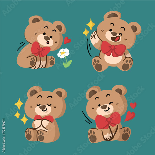 Cute teddy bear with red bow in different adorable poses doodle illustration