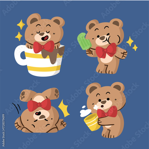Cute teddy bear with red bow eating snacks doodle illustration
