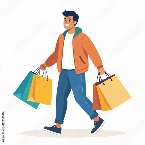 A smiling man walks carrying shopping bags, enjoying a day of retail therapy.