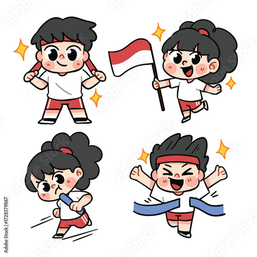 Happy Kids Celebrating Independence Day and Sport Competition Doodle illustration