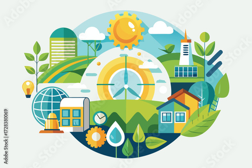 Eco-friendly landscape with renewable energy and sustainable living elements