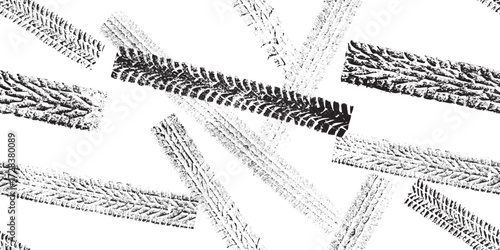 Tire track seamless pattern. Grange tread marks .Grunge textured vector car tread . Car trails endless pattern texture. Tyre track seamless texture. Wheel tire tread track background