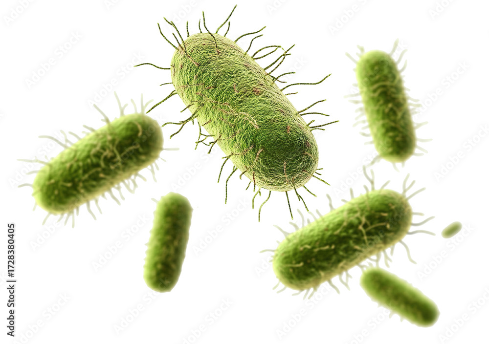 Fototapeta premium Microscopic colony of flagellated bacteria in motion, isolated on transparent cutout background