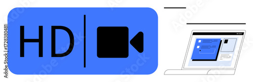 HD video play icon next to a laptop displaying a video player UI. Ideal for media streaming, video quality, online education, communication, technology, content creation, simple flat metaphor