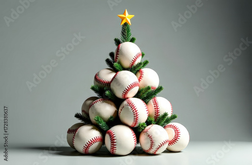 Christmas tree made of baseballs on a light background. a creative postcard for a sporting goods store. free space for text