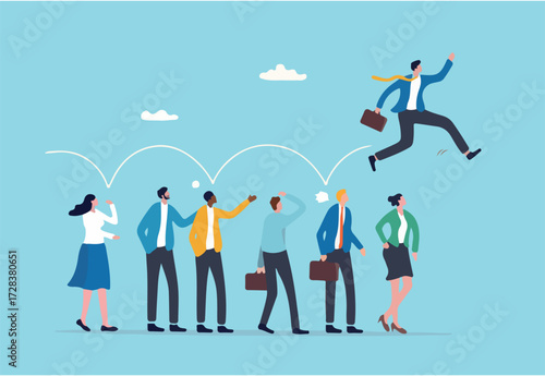 Career competition, job promotion or selfish colleagues jump over other people to get to goal, take advantage of coworker to success, selfish businessman jump over other people to achieve target