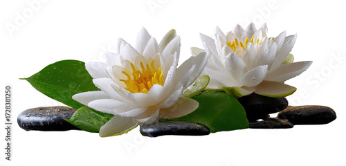 Two white water lilies on dark stones