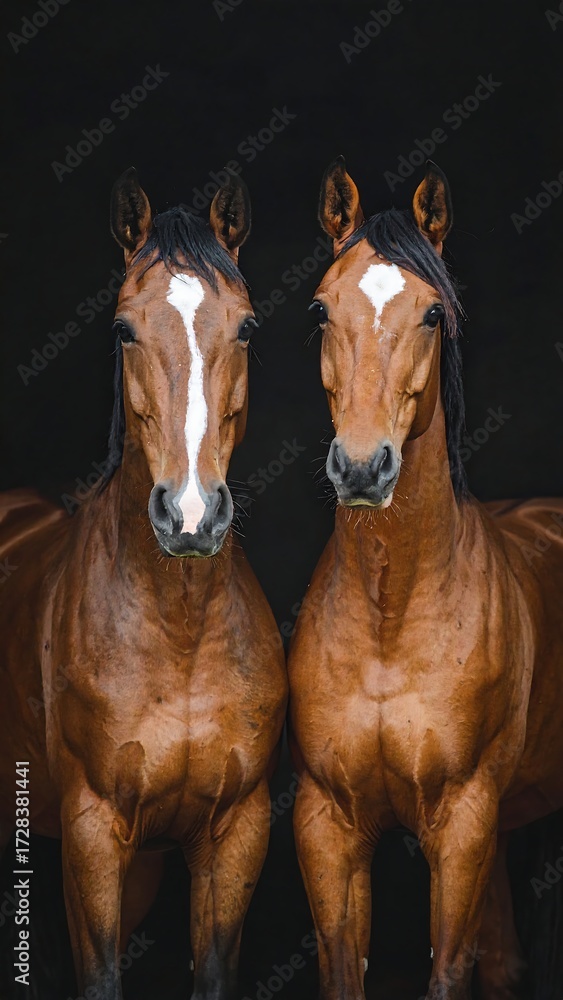 Fototapeta premium Two chestnut horses stand side-by-side against a black background