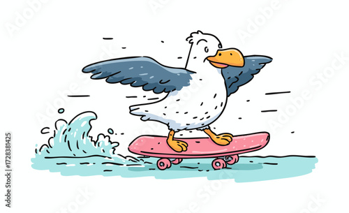 Funny Seagull Playing Skateboarding