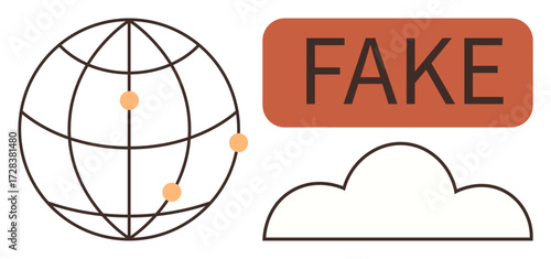 Globe with data points, cloud, and bold fake label emphasize digital misinformation. Ideal for concepts thumbs up deception, media literacy, cybersecurity, online risks, critical thinking